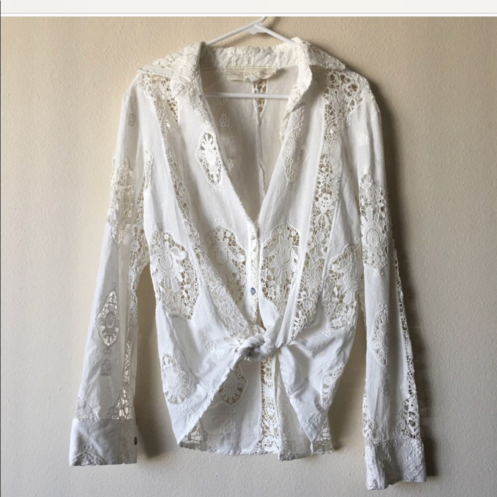 Jen's Pirate Booty White Crochet Lace Button-Down Top